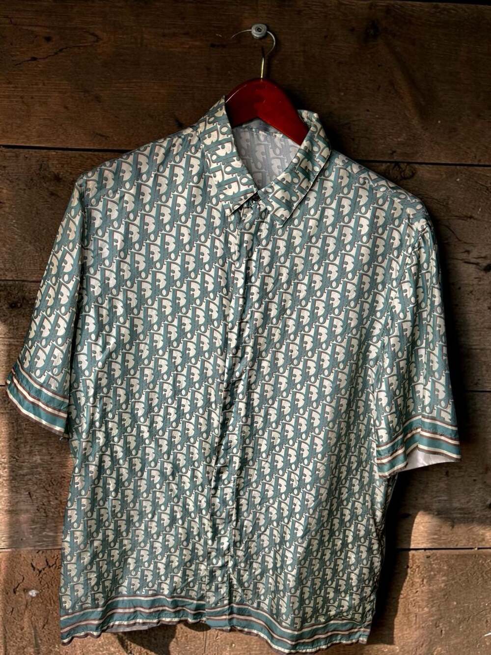 Dior Oblique Short-Sleeved Silk Twill Shirt Teal Blue Size 38